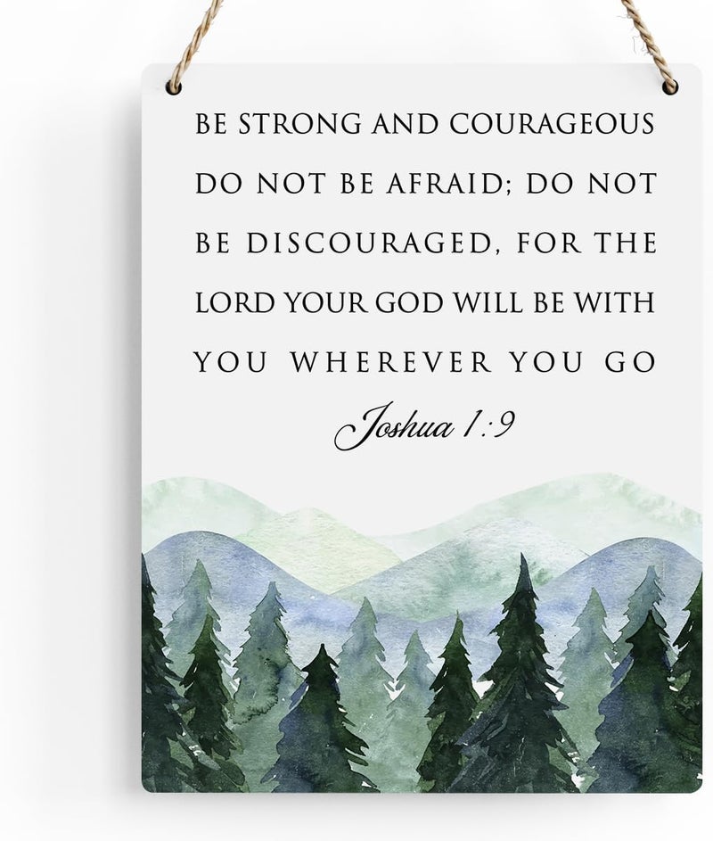BELLOWDEER Inspirational Decor Be Strong and Courageous Joshua 1:9 Scripture Wooden Hanging Sign Christian Gift for Baby Kids Girl Boy Nursery Teen Room Bible Verse Wall Art 8 x 10 Inches - Image 1